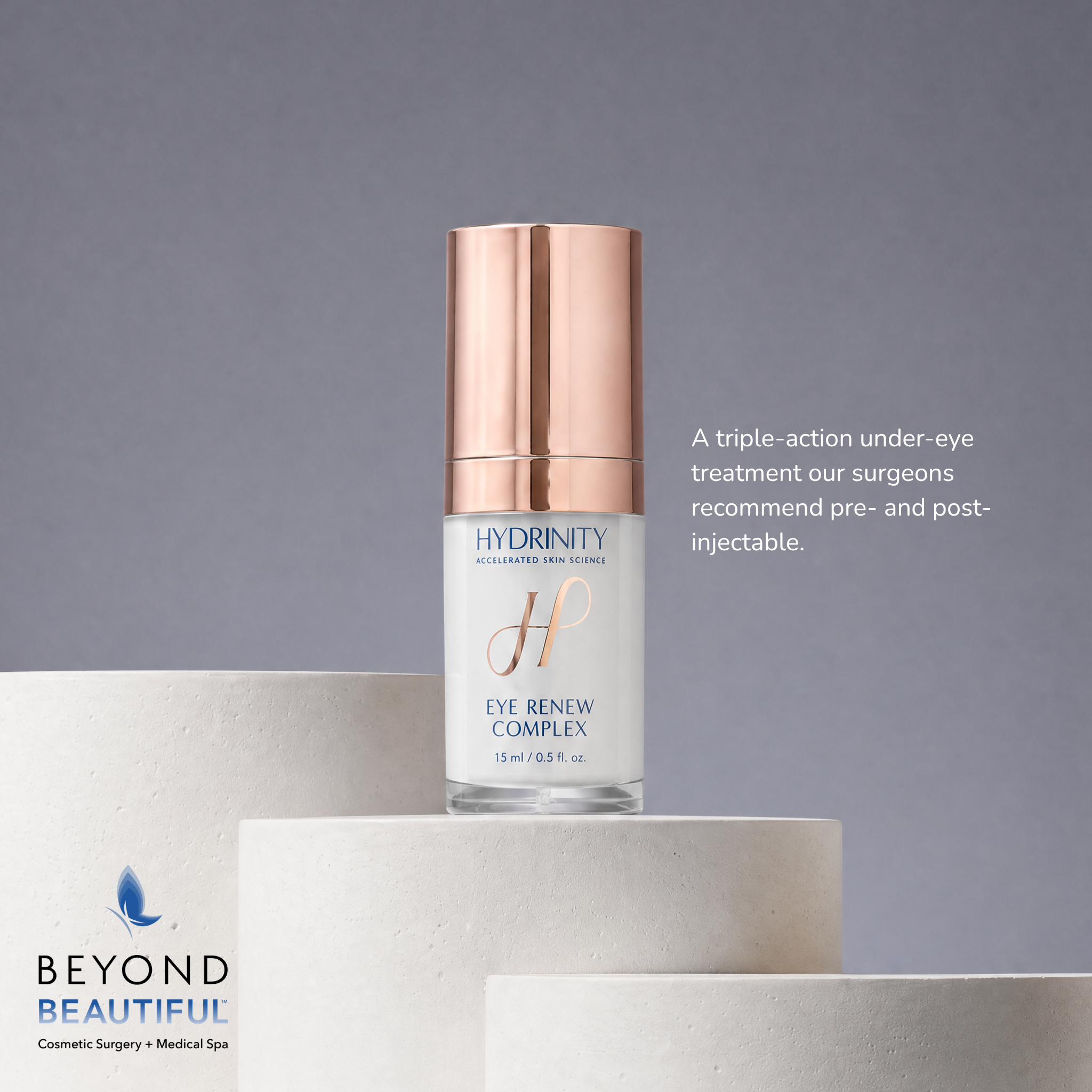 Hydrinity Eye Renew Complex 15mL bottle for puffiness, dark circles, and fine lines | Medical grade skincare, product benefits curated by cosmetic surgeons | Beyond Beautiful Cosmetic Surgery and Medspa