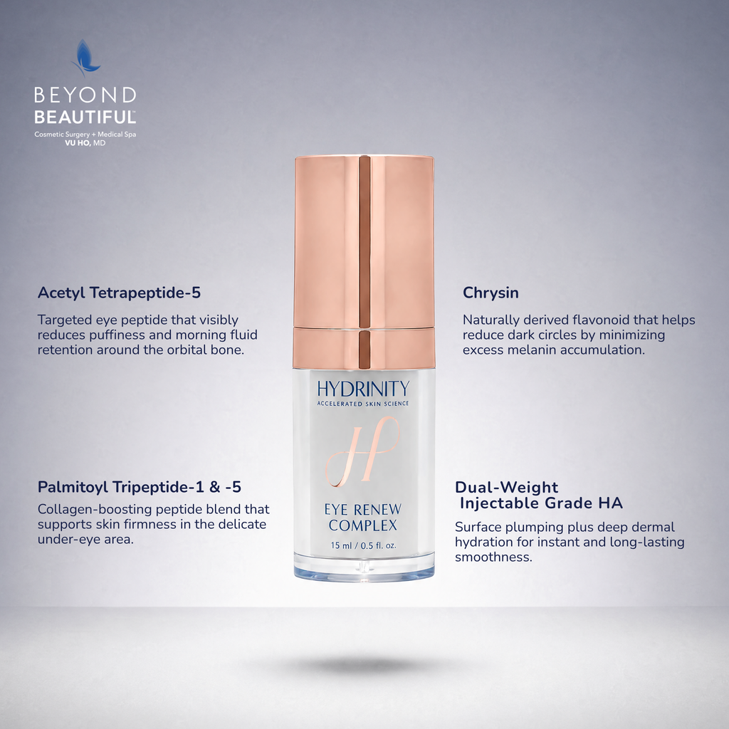 Hydrinity Eye Renew Complex 15mL bottle for puffiness, dark circles, and fine lines | Medical grade skincare, anti-aging serum for under eyes | Beyond Beautiful Cosmetic Surgery and Medspa