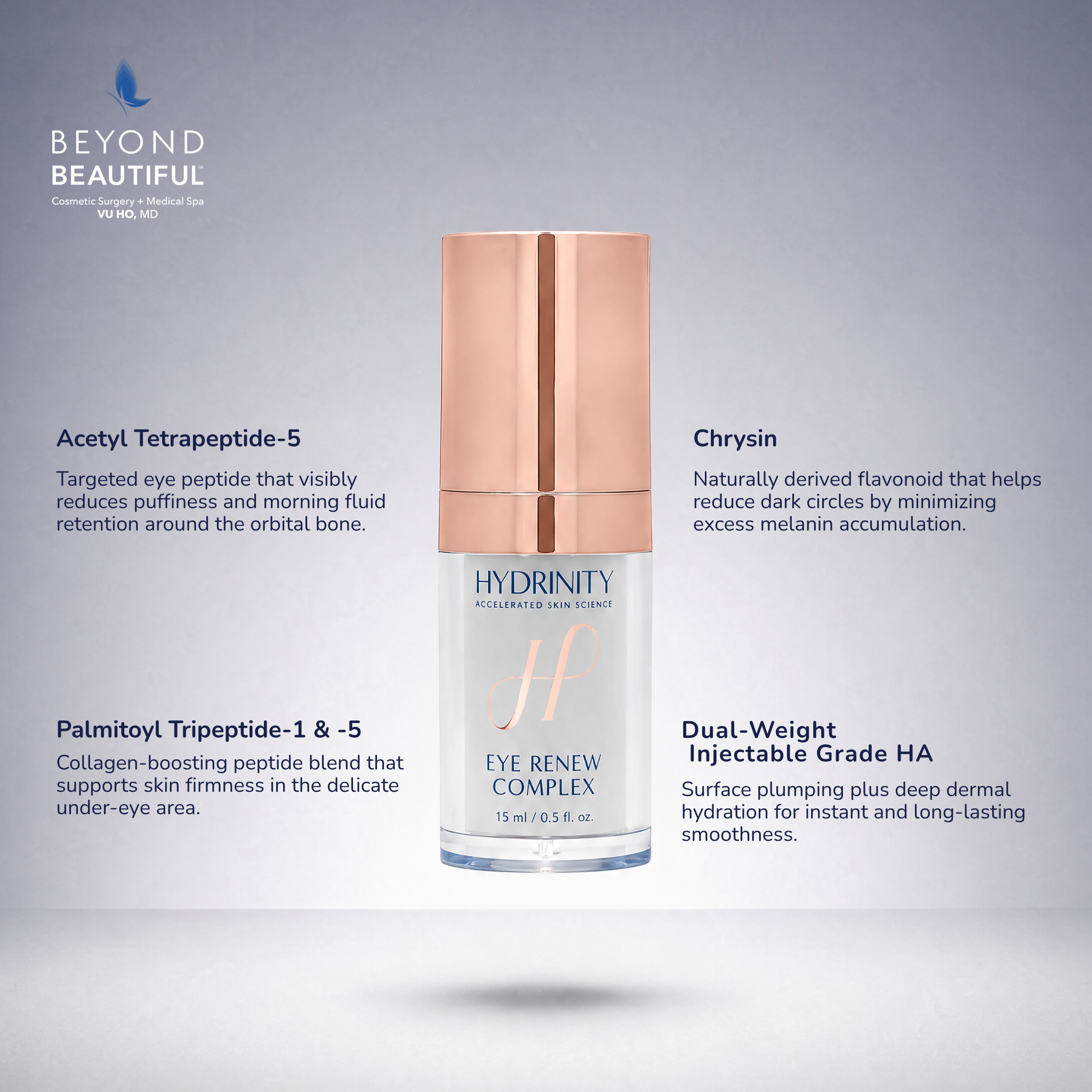 Hydrinity Eye Renew Complex 15mL bottle for puffiness, dark circles, and fine lines | Medical grade skincare, anti-aging serum for under eyes | Beyond Beautiful Cosmetic Surgery and Medspa