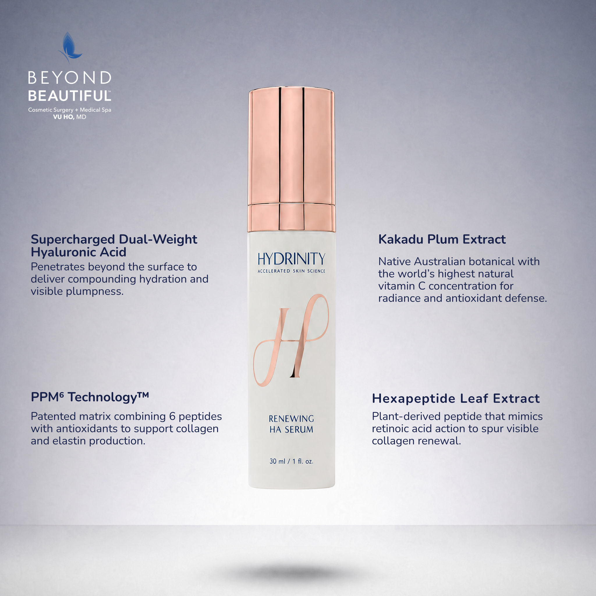 Hydrinity Renewing HA Serum 30mL anti-aging bottle, surgeon-curated at Beyond Beautiful Texas | Medical Grade Skincare