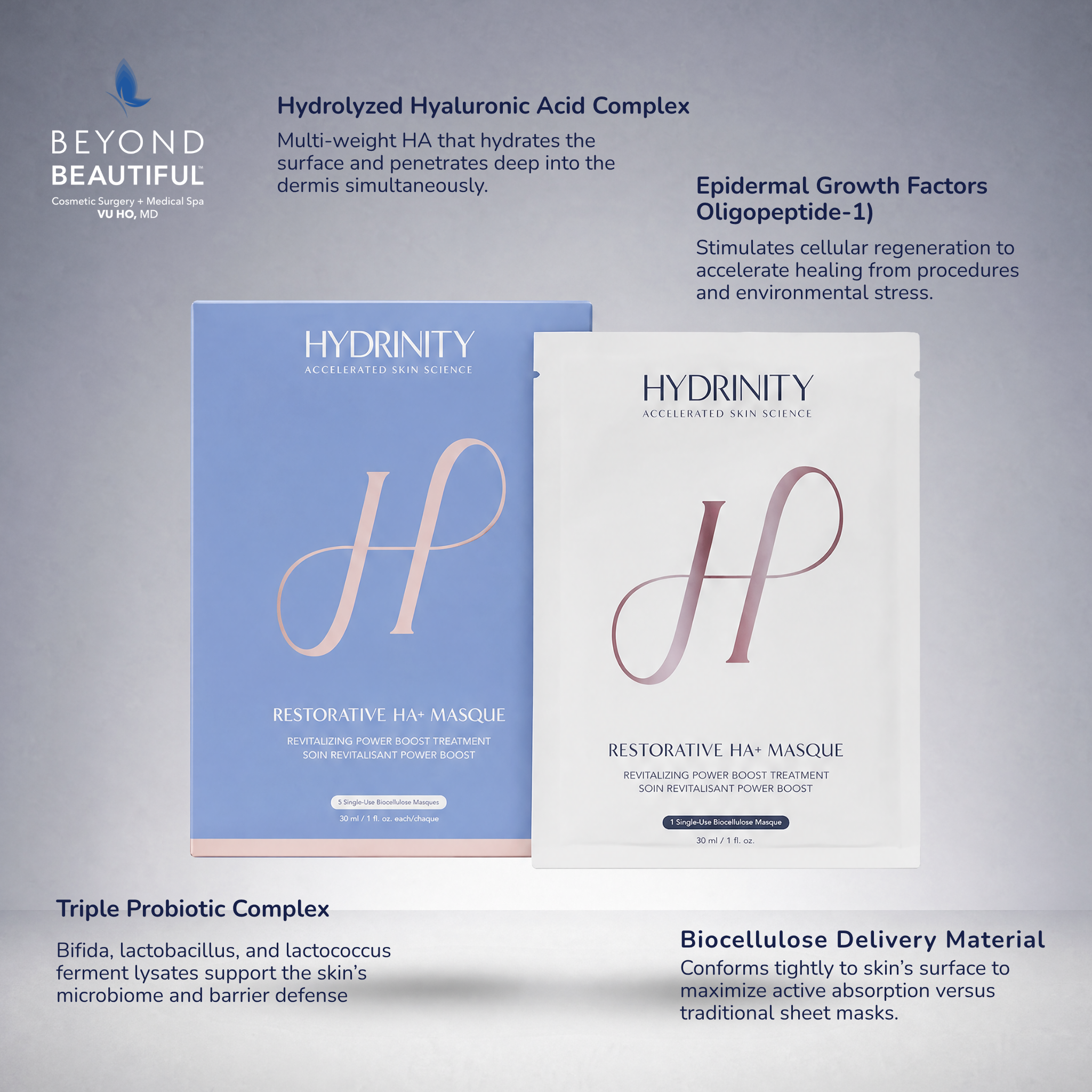 Hydrinity Restorative HA+ Biocellulose Facial Sheet masque  | Anti-aging, Prebiotic and soothing skincare mask | Post-procedure skincare mask | Beyond Beautiful Cosmetic Surgery and Medspa