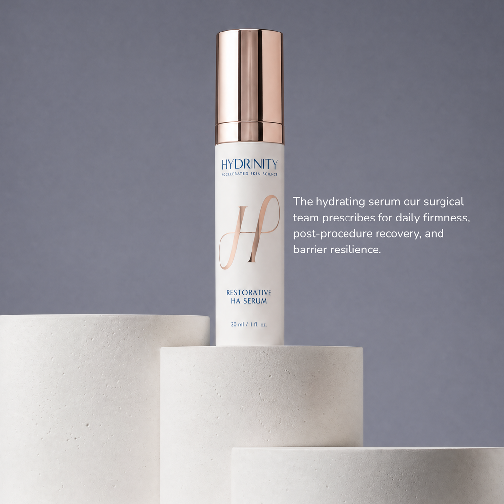 Hydrinity Restorative HA Serum 30mL bottle with PPM6 Technology, surgeon-curated post-procedure serum | Beyond Beautiful Cosmetic Surgery and Medspa, Vu Ho MD