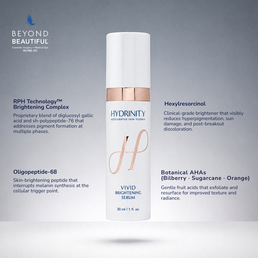 Hydrinity VIVID Brightening Serum 30mL bottle, surgeon-recommended treatment for melasma and hyperpigmentation | Product Ingredients and Benefits | Beyond Beautiful Cosmetic Surgery and Medspa, Dallas Fort Worth