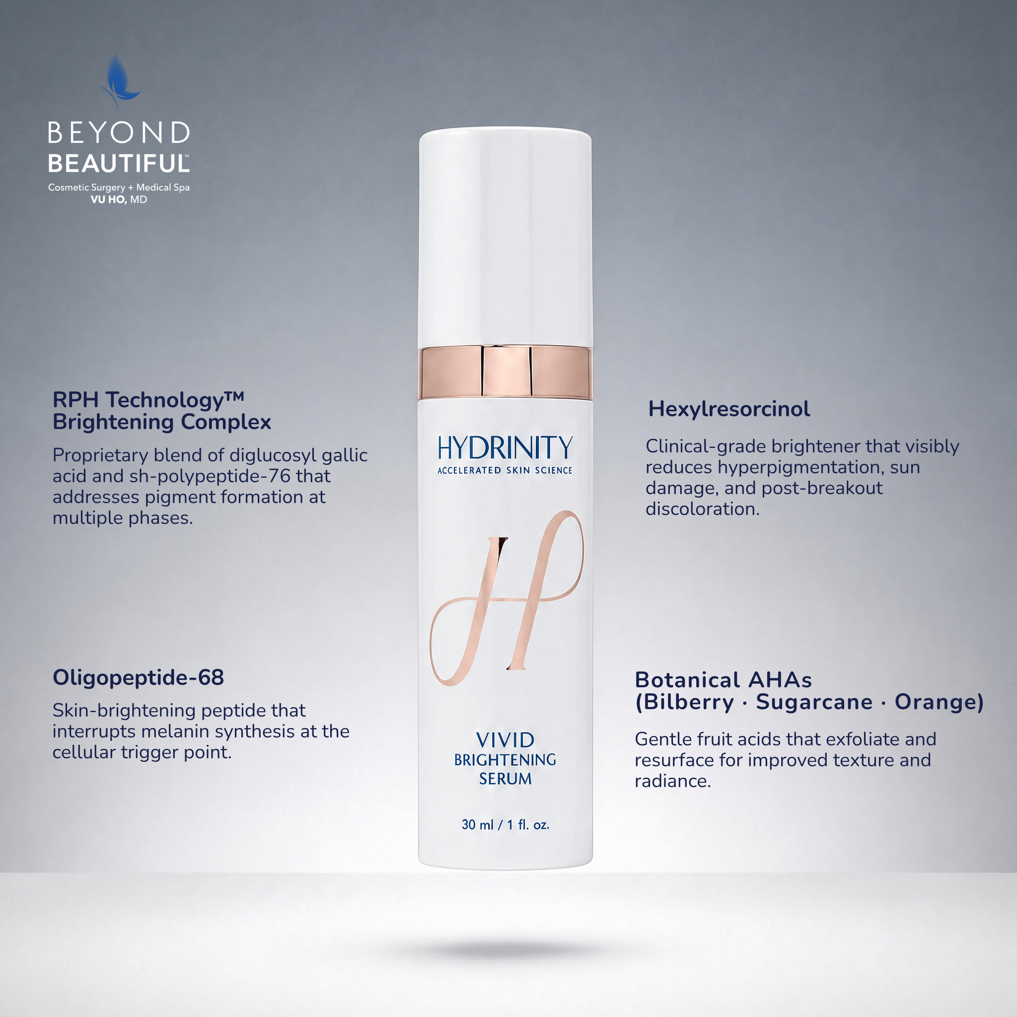 Hydrinity VIVID Brightening Serum 30mL bottle, surgeon-recommended treatment for melasma and hyperpigmentation | Product Ingredients and Benefits | Beyond Beautiful Cosmetic Surgery and Medspa, Dallas Fort Worth