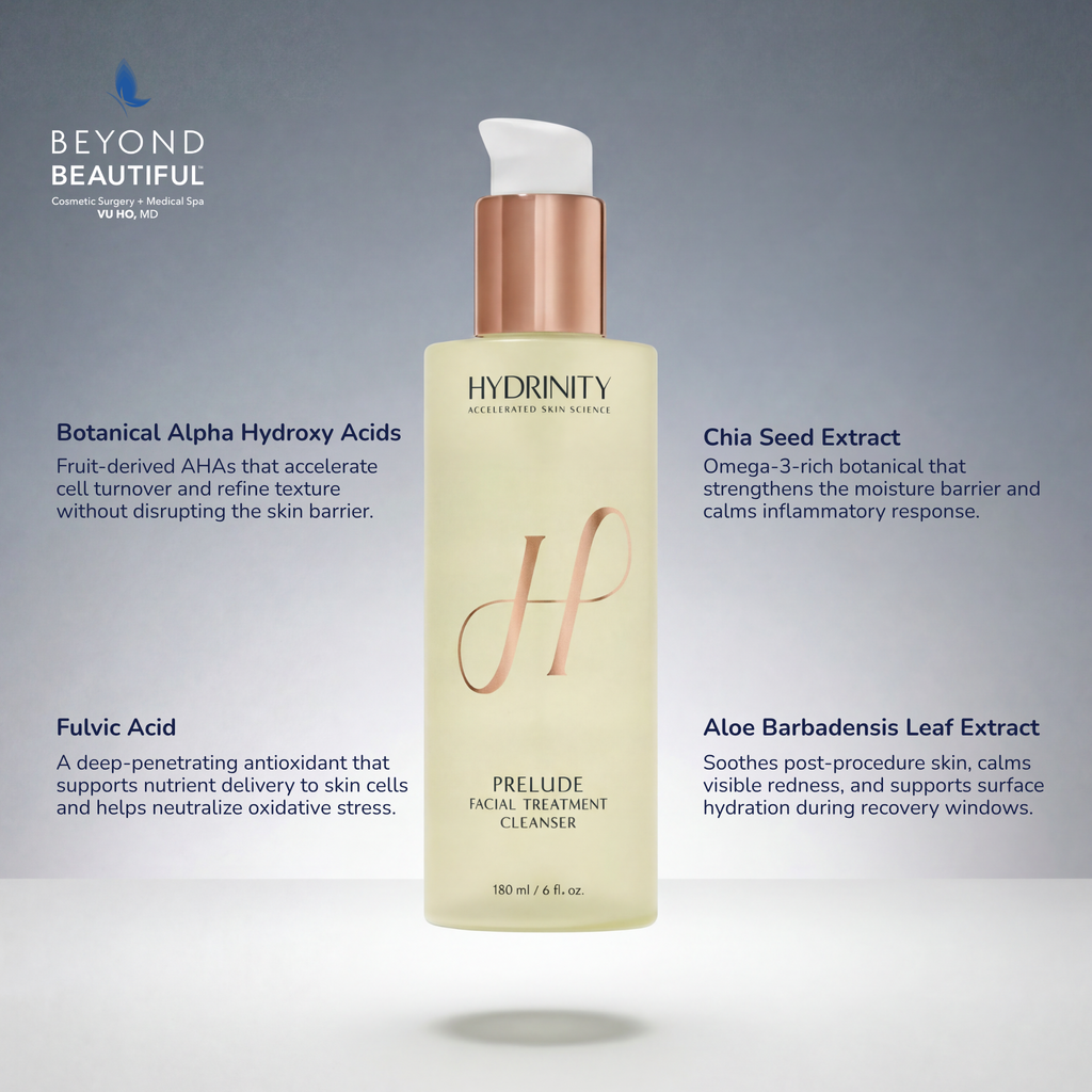 Hydrinity PRELUDE Cleanser ingredient highlight featuring botanical AHAs, fulvic acid, chia seed, and aloe extract.