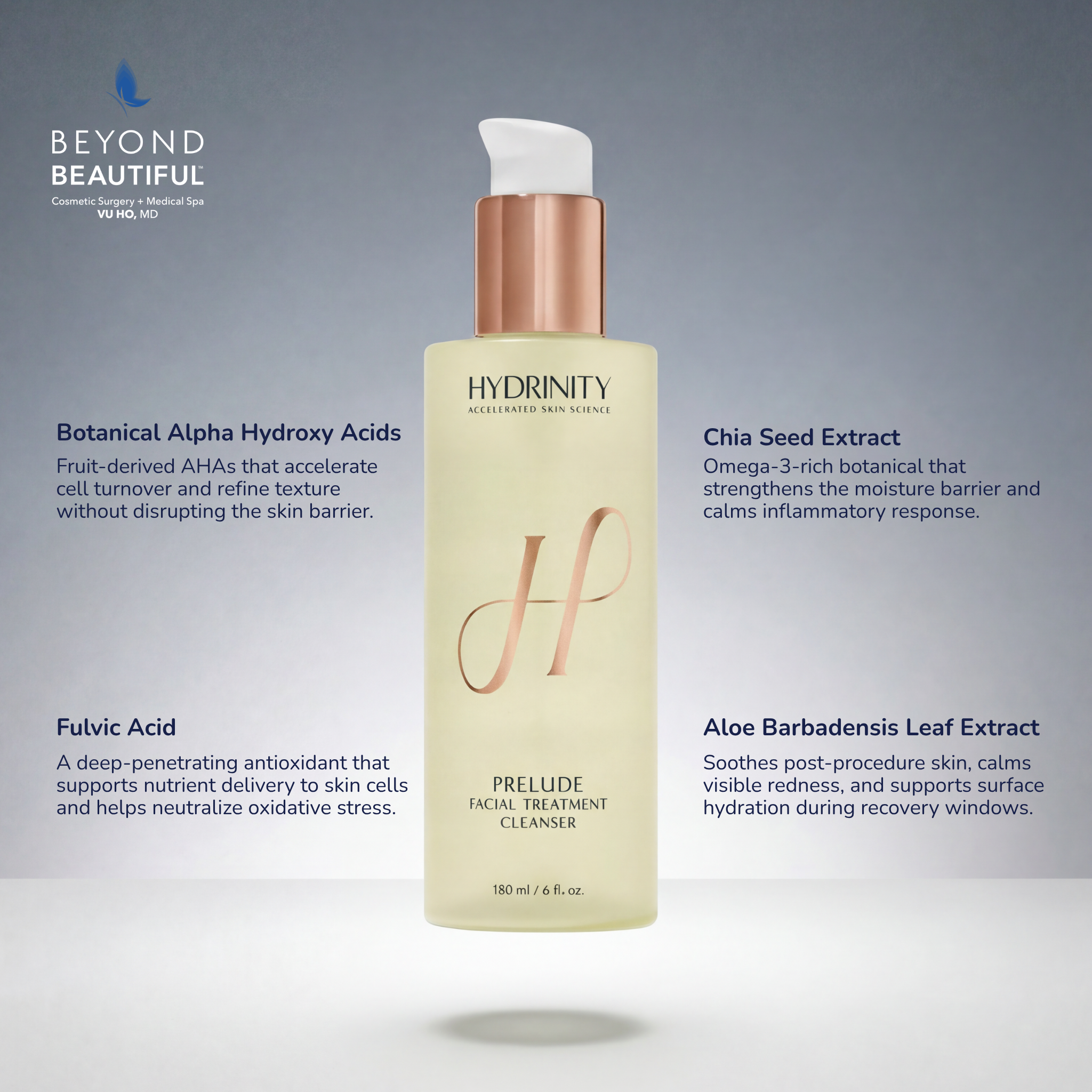 Hydrinity PRELUDE Cleanser ingredient highlight featuring botanical AHAs, fulvic acid, chia seed, and aloe extract.