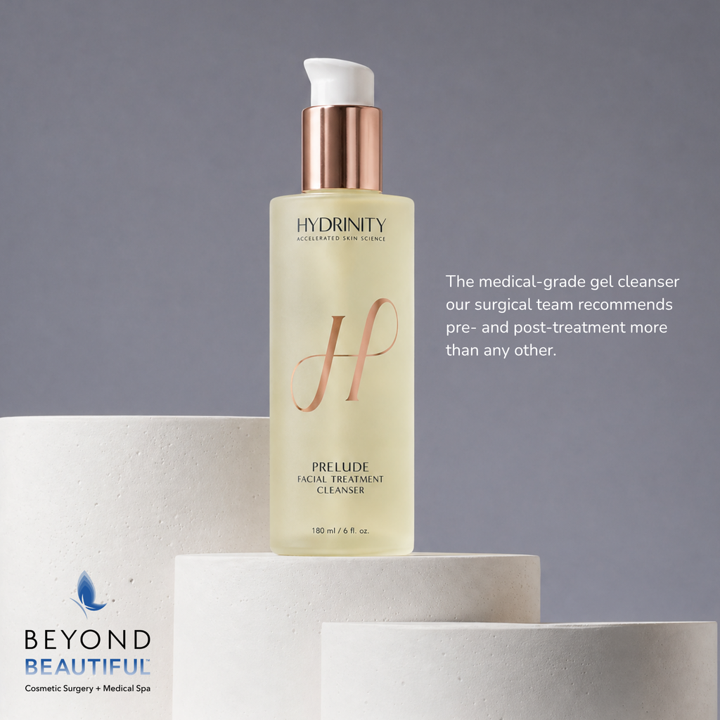 Hydrinity PRELUDE Facial treatment cleanser bottle on a gray background with text about its use.
